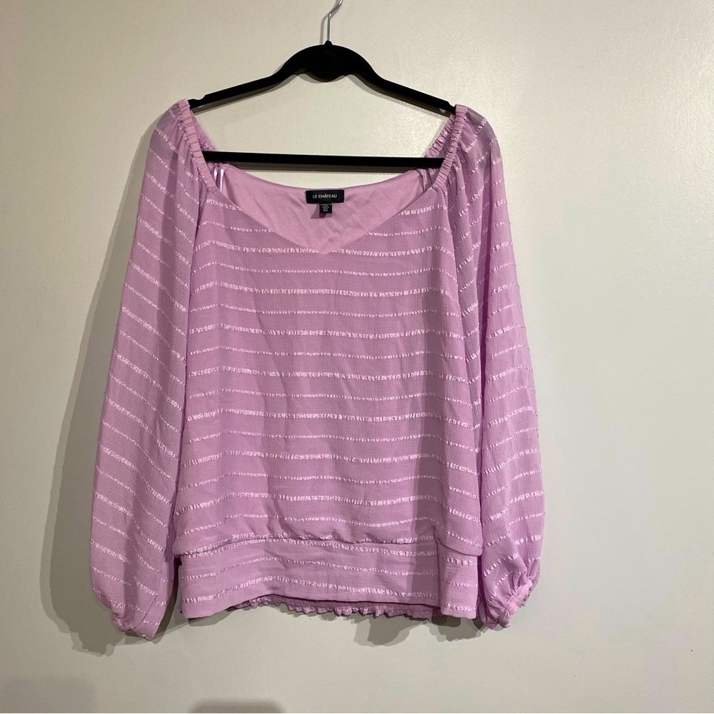 Le Chateau chiffon blouse smocked waist puff sleeve lined soft lilac textured LG